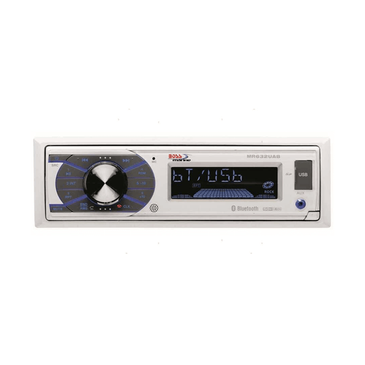 Autoradio marina Boss MR632UAB con frontalino estraibile, ingressi USB/SD e Bluetooth integrato.