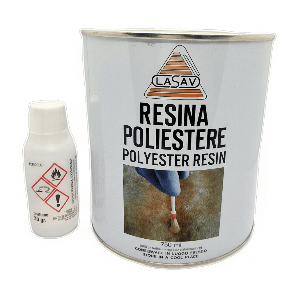 Resina poliestere Lasav 750ml in barattolo metallico bianco con flacone catalizzatore 30gr