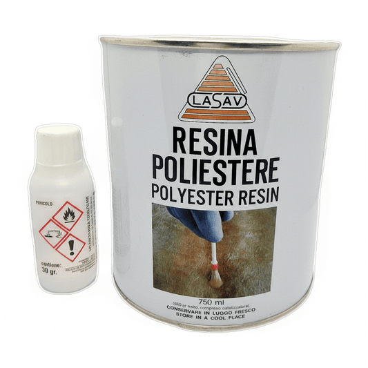 Resina poliestere Lasav 750ml in barattolo metallico bianco con flacone catalizzatore 30gr