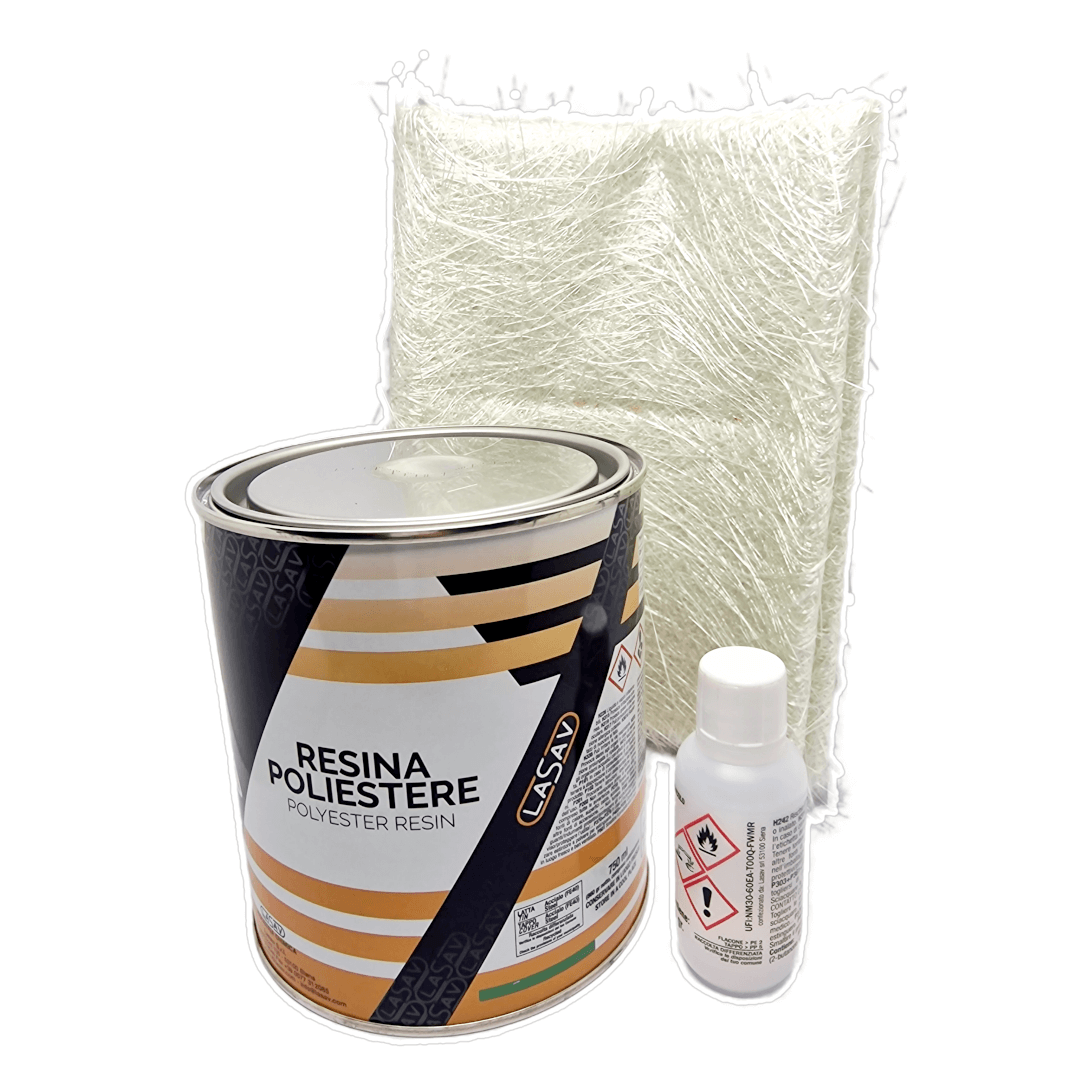 Kit resina poliestere LASAV 750ml con catalizzatore e lana di vetro bianca 300gr/mq