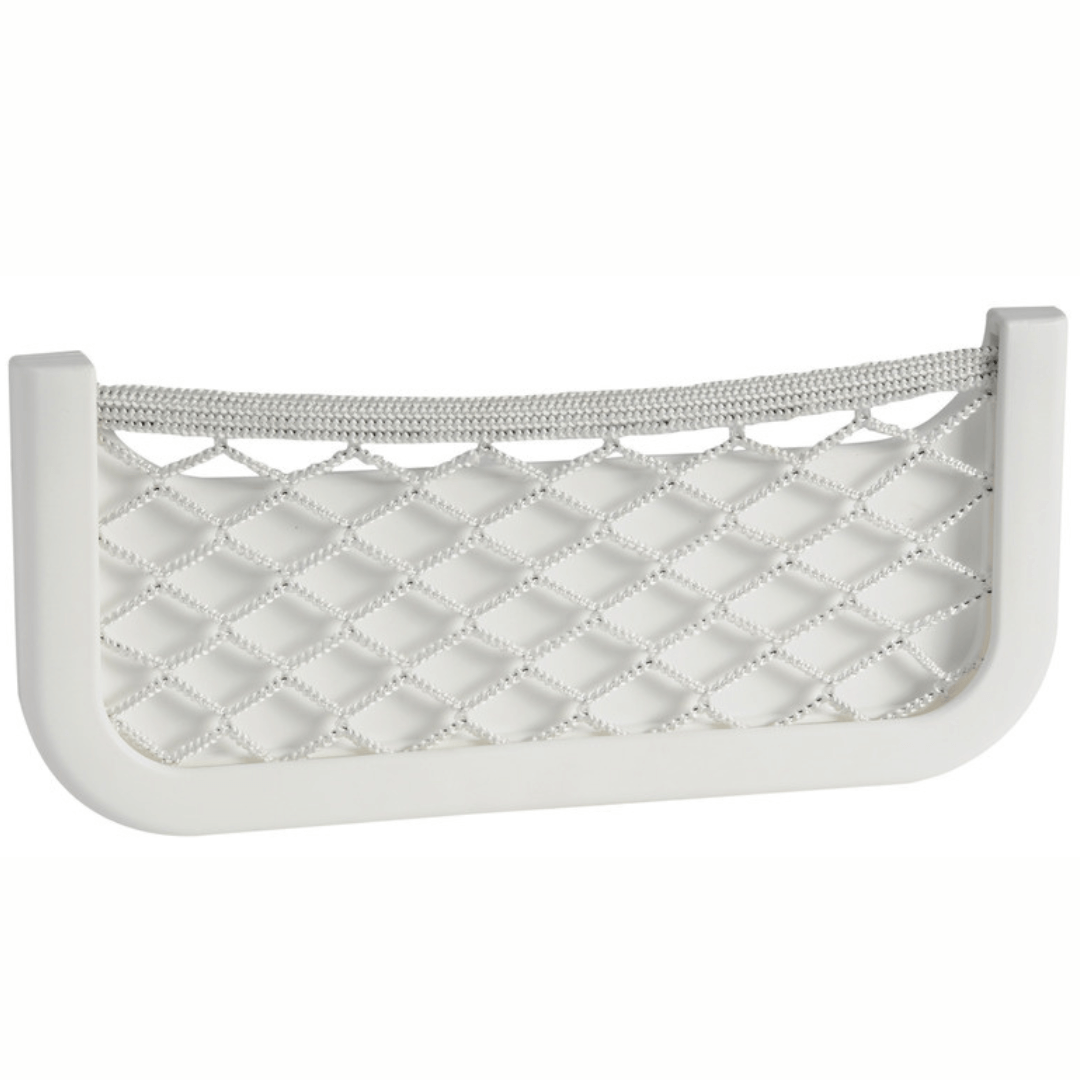 Rete portaoggetti elastica in nylon con cornice in ABS bianco per organizzazione spazi in barca. slim