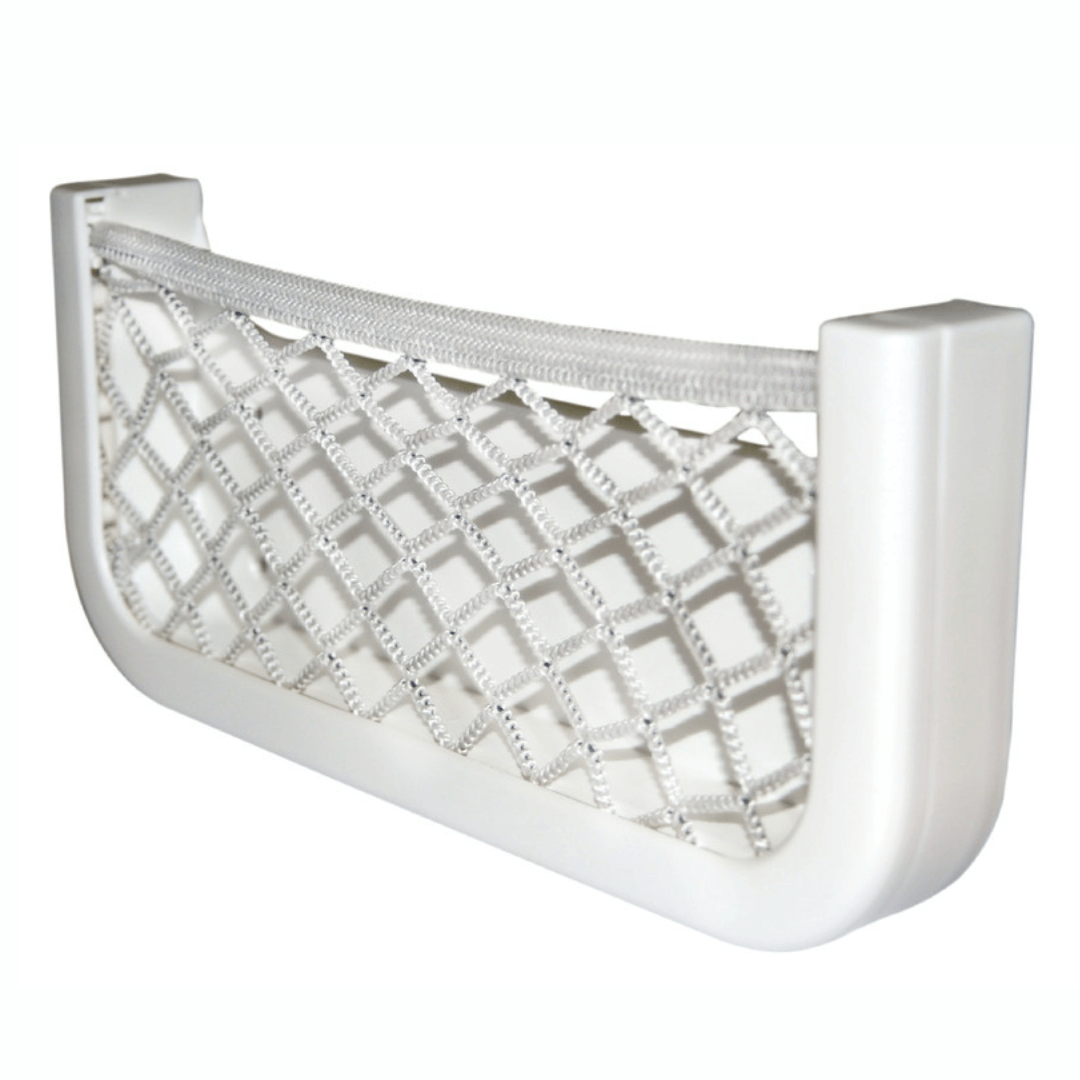 Rete portaoggetti elastica in nylon con cornice in ABS bianco per organizzazione spazi in barca.