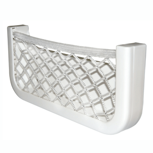 Rete portaoggetti elastica in nylon con cornice in ABS bianco per organizzazione spazi in barca.