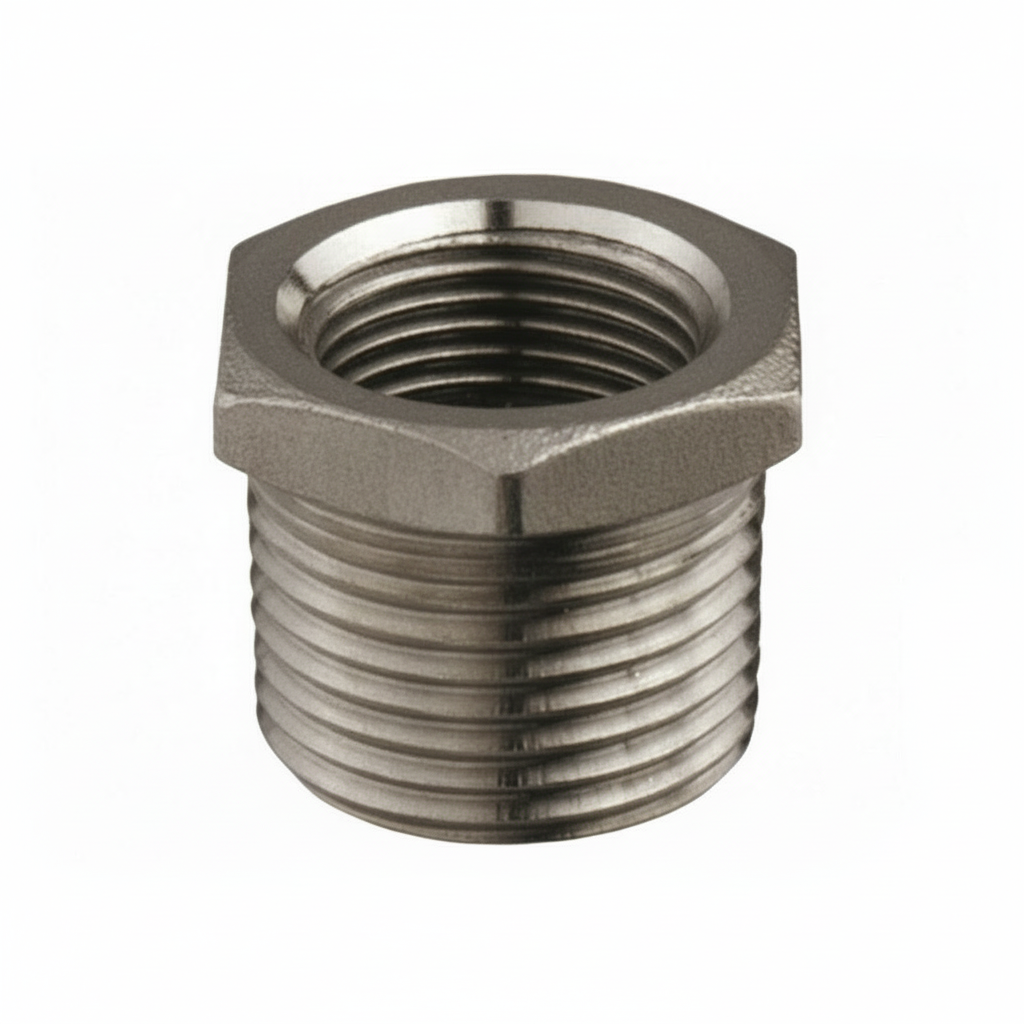 Riduzione maschio-femmina 1"1/4x1" in acciaio inox lucidato, forma esagonale con filettatura esterna