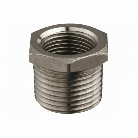 Riduzione maschio-femmina 1"1/4x1" in acciaio inox lucidato, forma esagonale con filettatura esterna