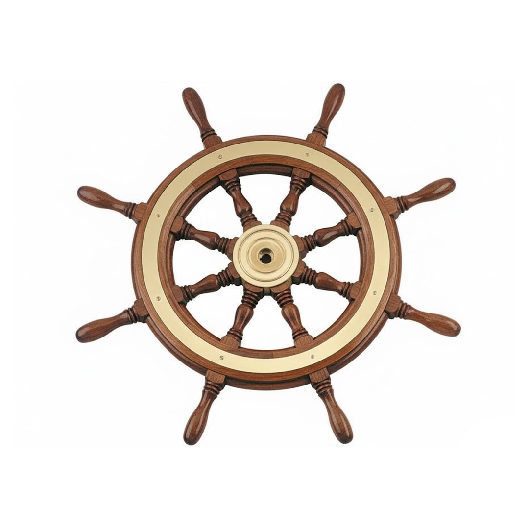 Ruota timone nautica in legno di mogano con anello di rinforzo e mozzo in ottone lucido.