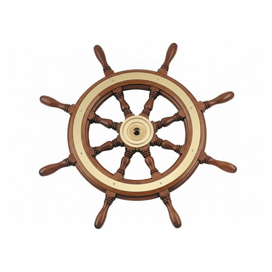 Ruota timone nautica in legno di mogano con anello di rinforzo e mozzo in ottone lucido.