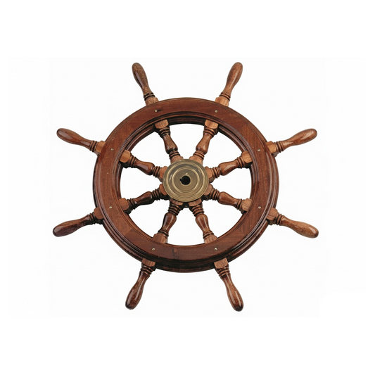 Ruota timone nautica classica a caviglie in legno di mogano con mozzo centrale in ottone lucido.