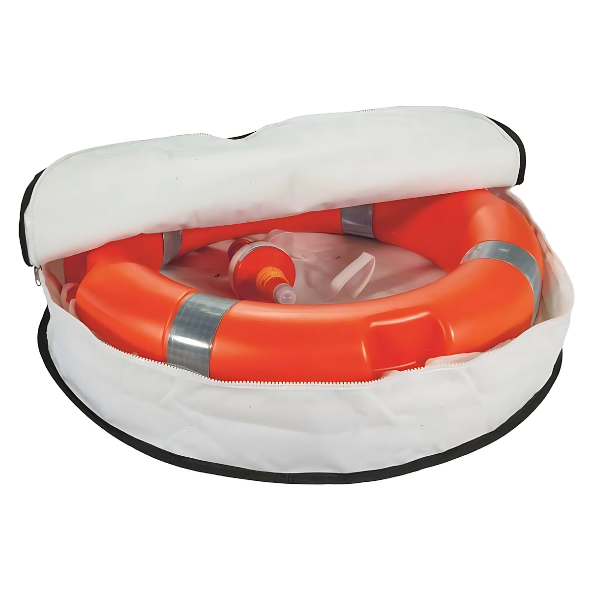 Sacca nautica porta salvagente anulare di colore bianco, realizzata in poliestere imbottito con interno in PVC. Diametro 680 mm, adatta per anulari da 600 mm.
