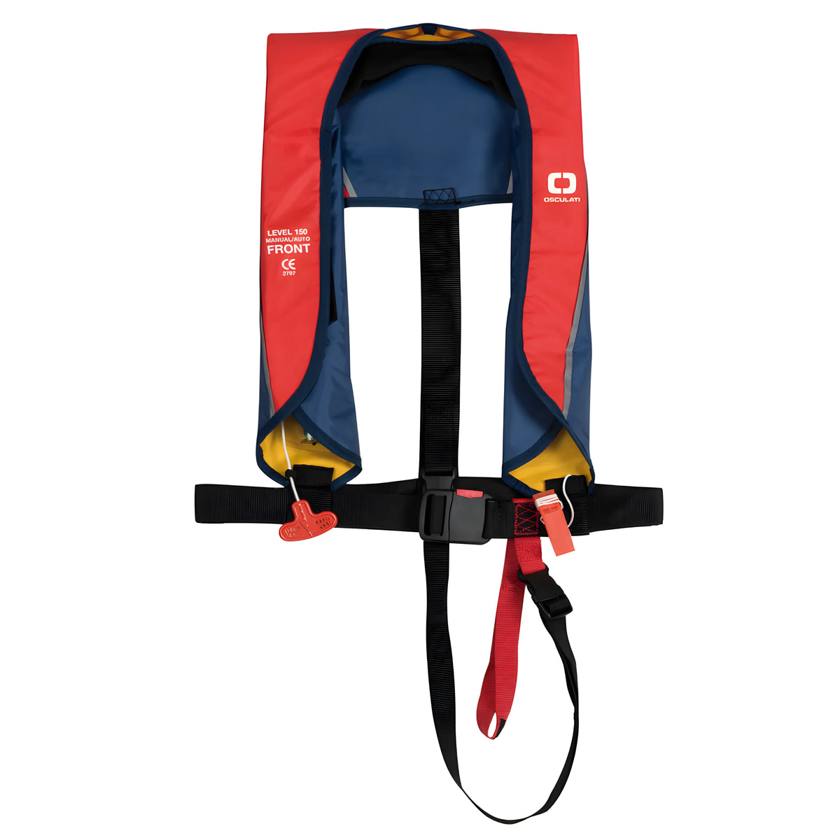 Salvagente autogonfiabile Junior 150N omologato EN ISO 12402-3 con attivazione automatica e nastro cosciale per bambini oltre 25 kg colore rosso blu