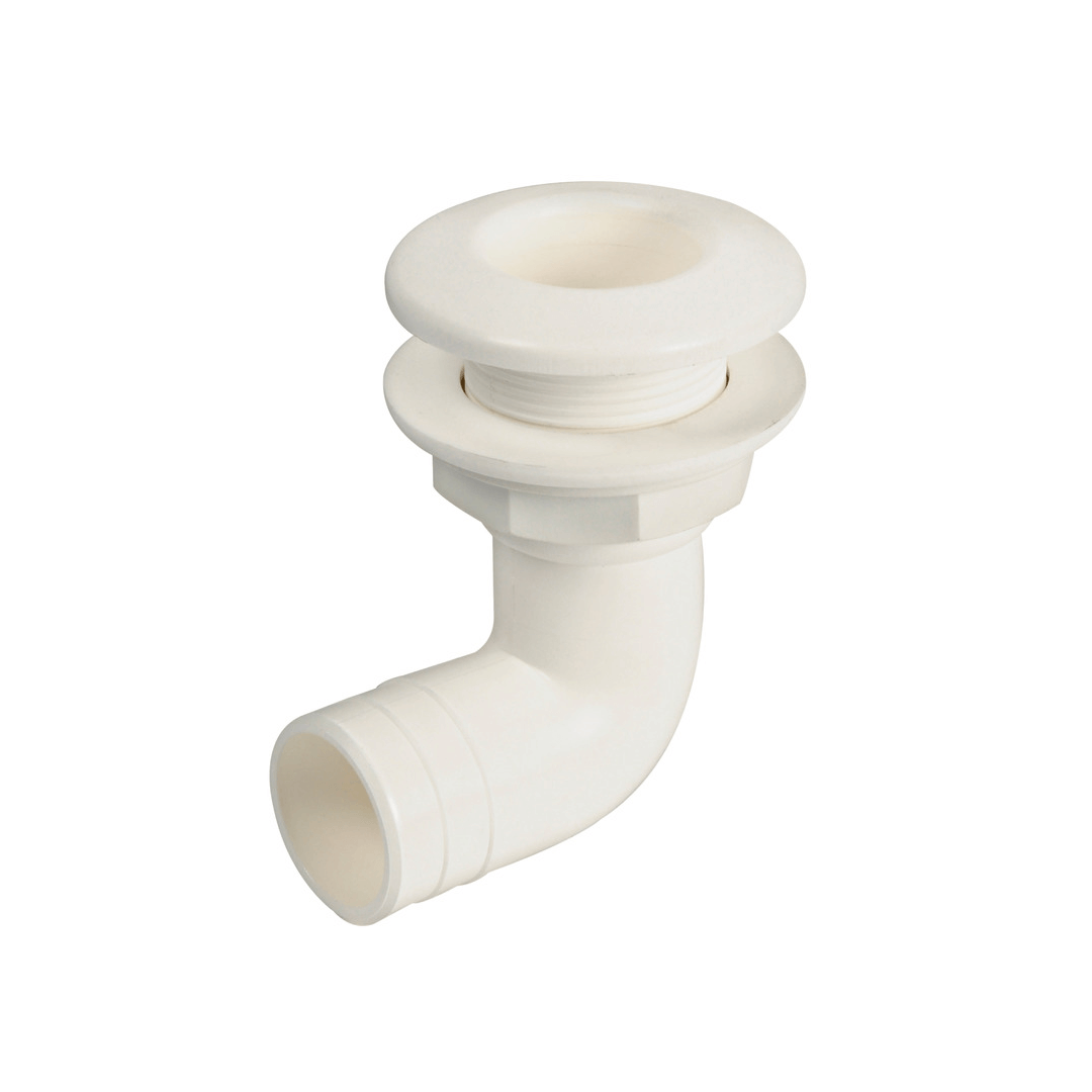 Scarico a mare con gomito 90° in plastica bianca, filettatura e flangia rotonda, raccordo per tubo flessibile