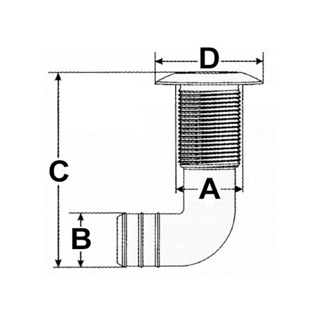 Scheda tecnica scarico a mare con gomito 90° 1" con dimensioni A, B, C, D