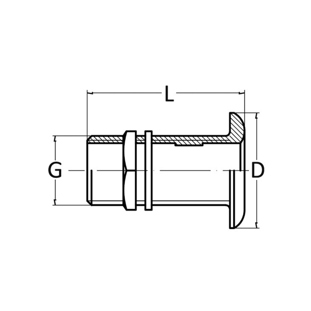 Scheda tecnica scarico a mare 1" filettato in ottone con dimensioni L, G, D