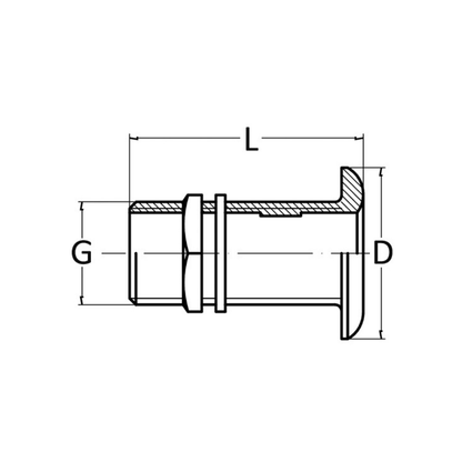 Scheda tecnica scarico a mare 1" filettato in ottone con dimensioni L, G, D
