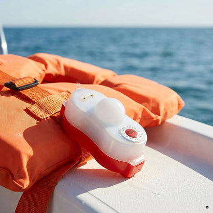 Segnalatore LED automatico agganciato al nastro di un giubbotto di salvataggio arancione in barca, con il mare sullo sfondo