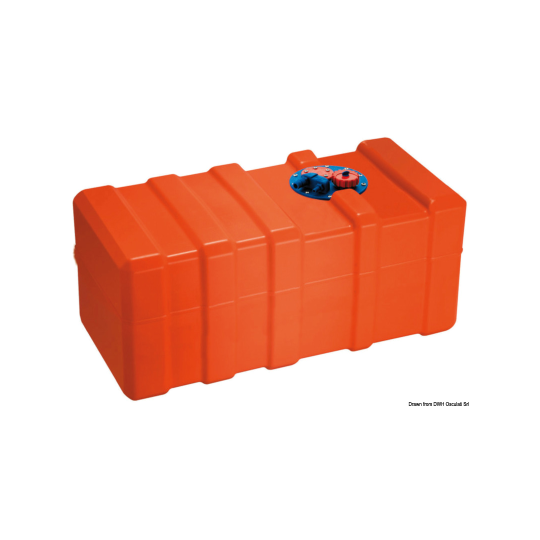 Serbatoio fisso per carburante in Eltex arancione, omologato CE, completo di gruppo flangiato per connessioni. 24-25-26
