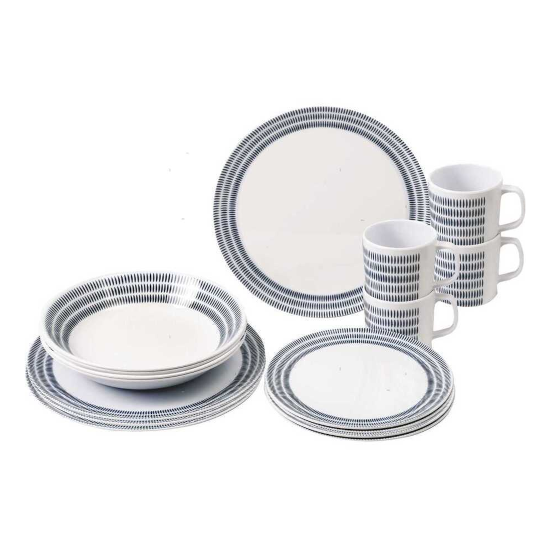 Servizio da tavola Bluebay in melamina 16 pezzi bianco con bordo righe blu: piatti, ciotole e tazze