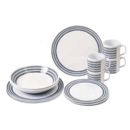 Servizio da tavola Bluebay in melamina 16 pezzi bianco con bordo righe blu: piatti, ciotole e tazze