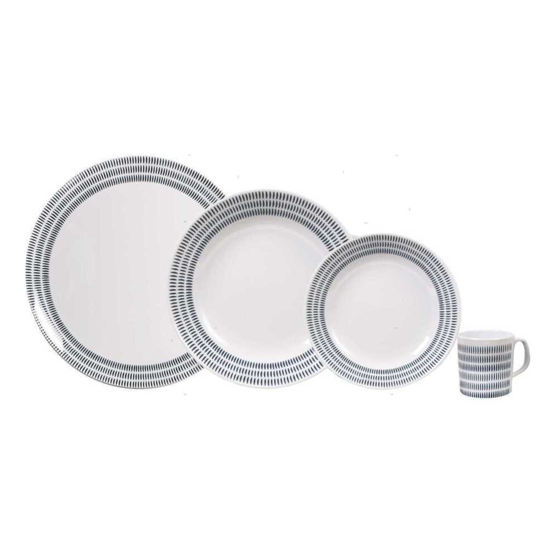 Servizio da tavola Bluebay in melamina bianca 16 pz: 3 piatti e tazza con bordo righe blu