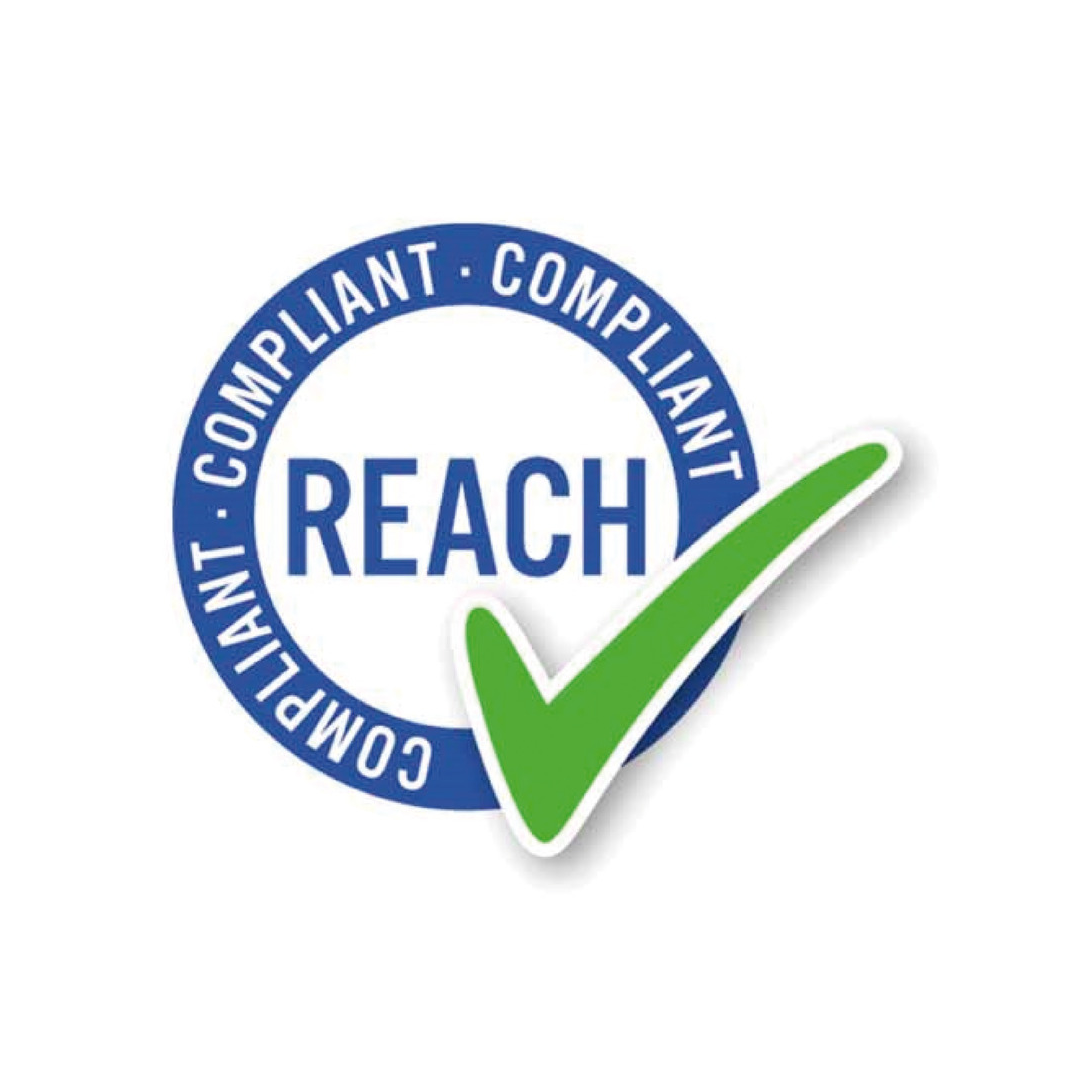 Certificazione REACH Compliant con spunta verde su logo circolare blu
