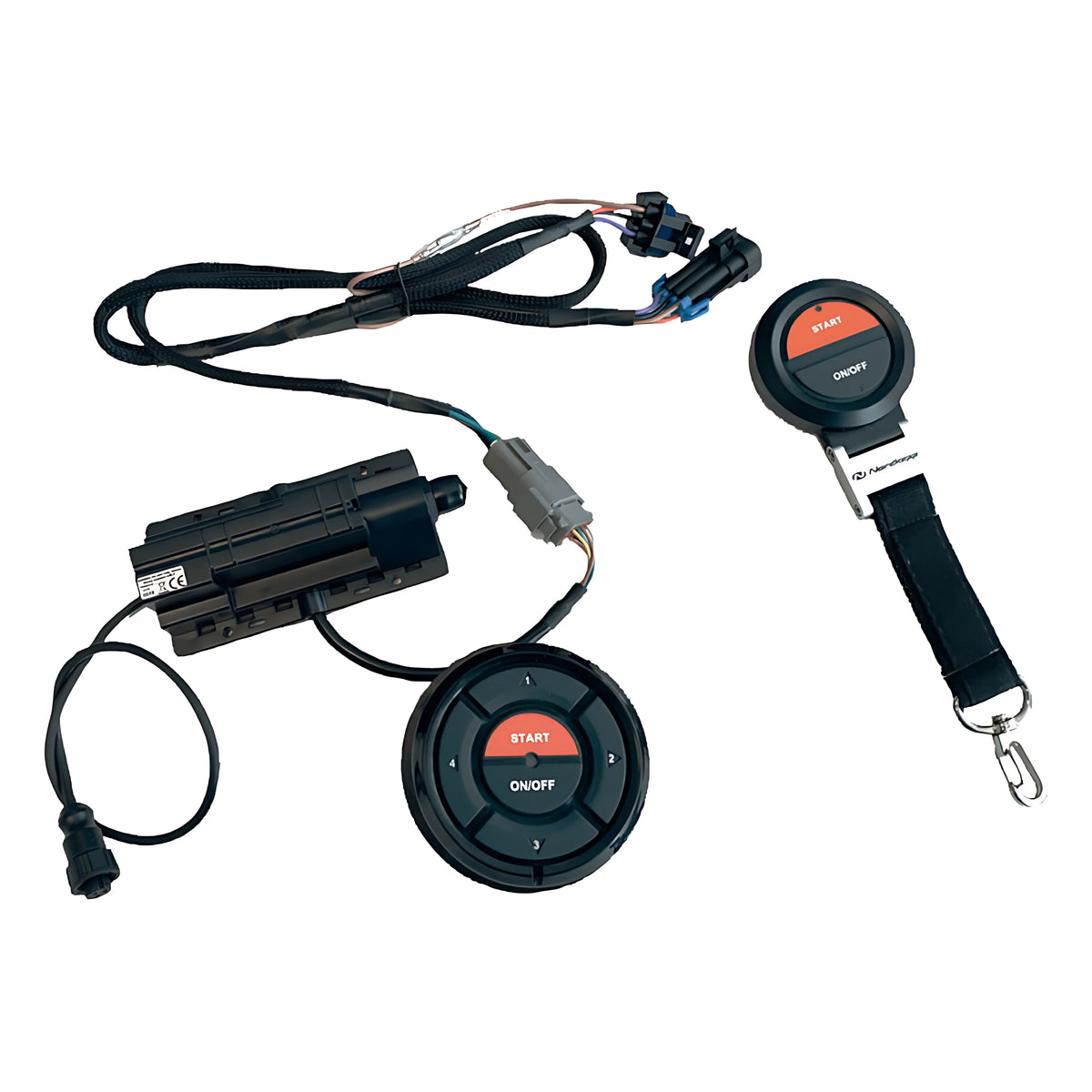 Sistema CoastKey per avviamento motori senza chiavi e sicurezza MOB wireless. Include pannello PIN, centralina e telecomando FOB per barche.