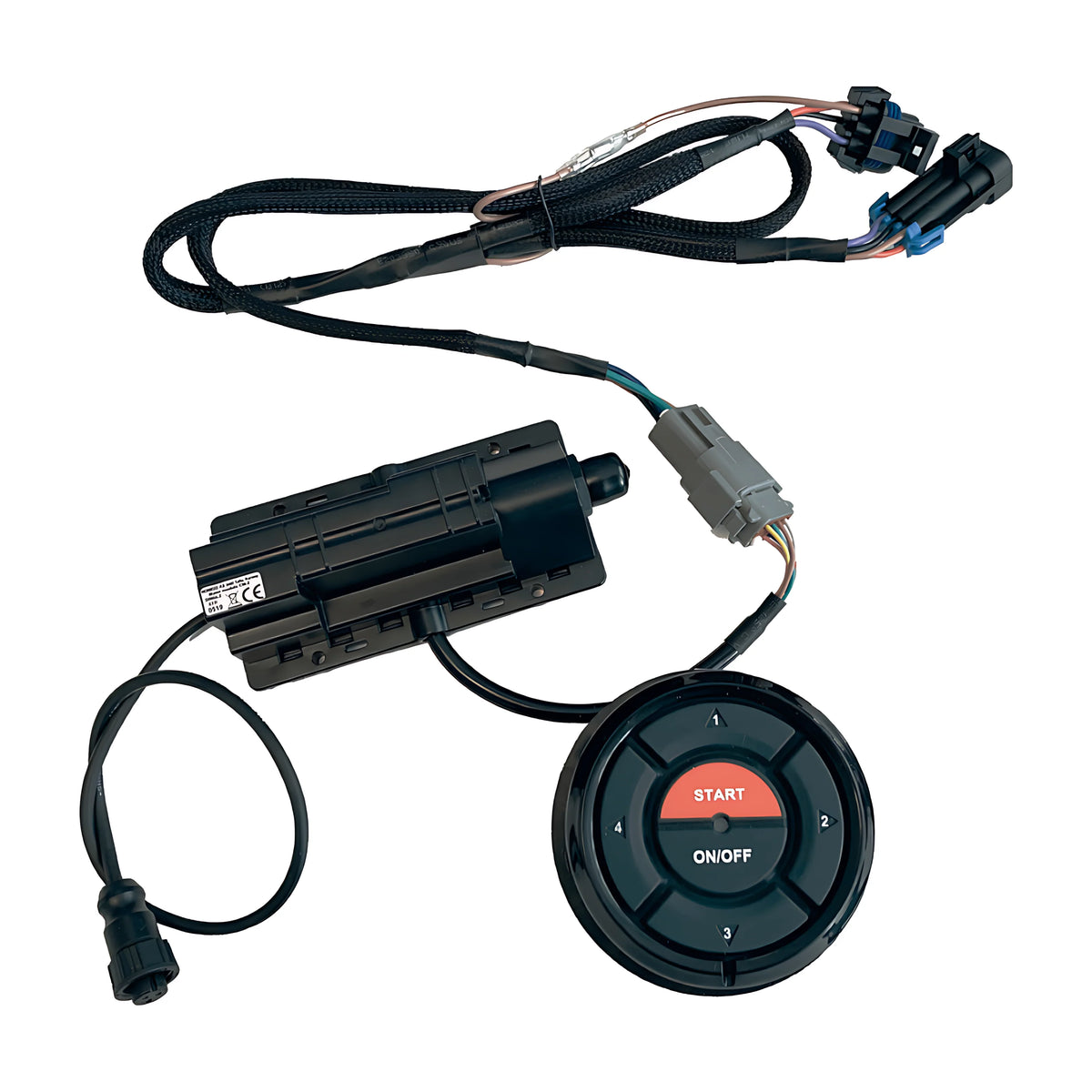 Sistema CoastKey per avviamento motori senza chiavi e sicurezza MOB wireless. Include pannello PIN, centralina e telecomando FOB per barche.