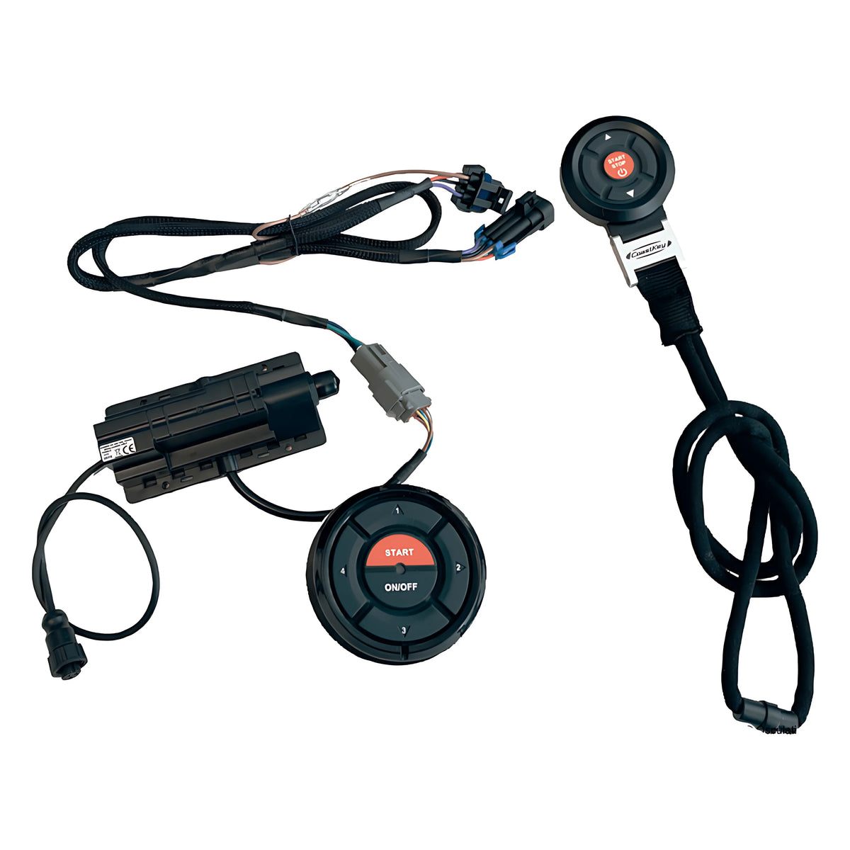 Sistema CoastKey per avviamento motori senza chiavi e sicurezza MOB wireless. Include pannello PIN, centralina e telecomando FOB per barche.