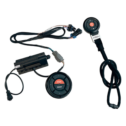 Sistema CoastKey per avviamento motori senza chiavi e sicurezza MOB wireless. Include pannello PIN, centralina e telecomando FOB per barche.