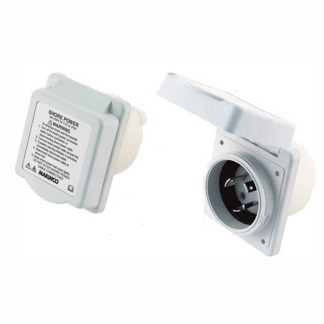 Sistema di connessione banchina 16A 230V per barca, prese da incasso e spine volanti stagne in Valox e acciaio inox. presa