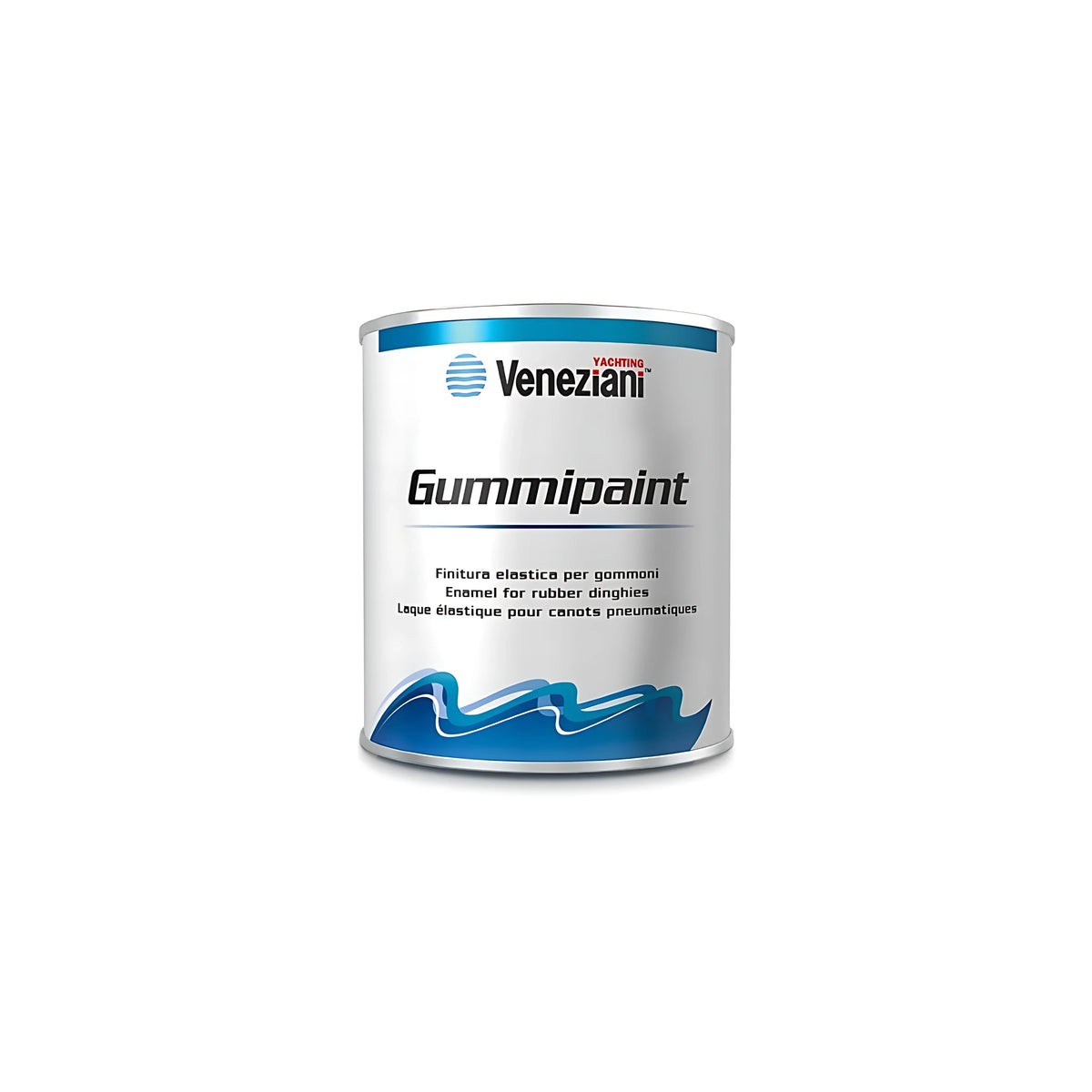Barattolo di smalto elastico Veneziani Gummipaint per verniciatura e rinnovo gommoni in neoprene e PVC.