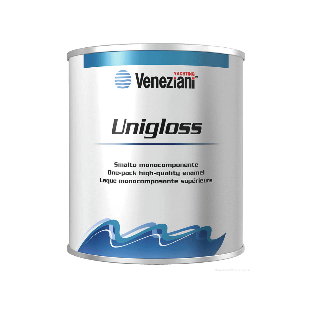 Smalto nautico monocomponente Veneziani Unigloss per legno, ferro e vetroresina finitura lucida.