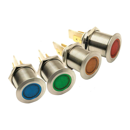Spie stagne a LED da 19mm in acciaio inox per pannelli e quadri di comando nautici, alimentazione 12V. Disponibili nei colori giallo, rosso e verde.
