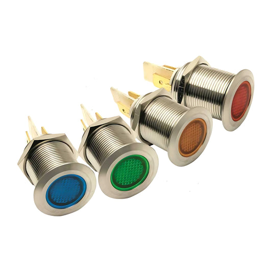 Spie stagne a LED da 19mm in acciaio inox per pannelli e quadri di comando nautici, alimentazione 24V. Disponibili nei colori giallo, rosso, verde e blu.