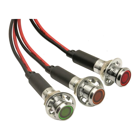 Spie stagne a LED da 8mm in ottone cromato per pannelli e quadri di comando nautici, alimentazione 12V. Disponibili nei colori giallo, rosso e verde.