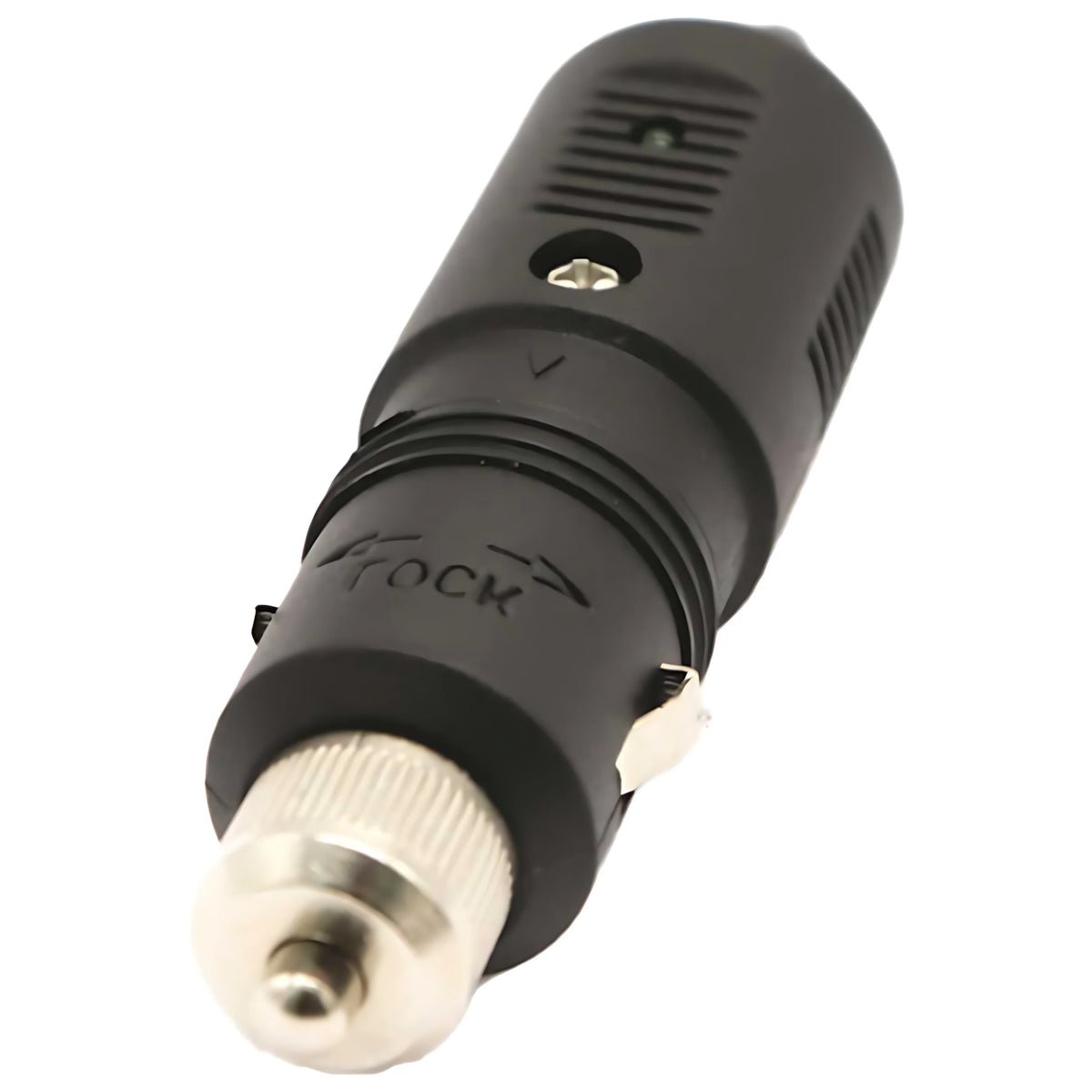 Spina universale 12V per presa accendisigari nautica, dotata di fusibile interno di protezione e indicatore LED luminoso di colore rosso.