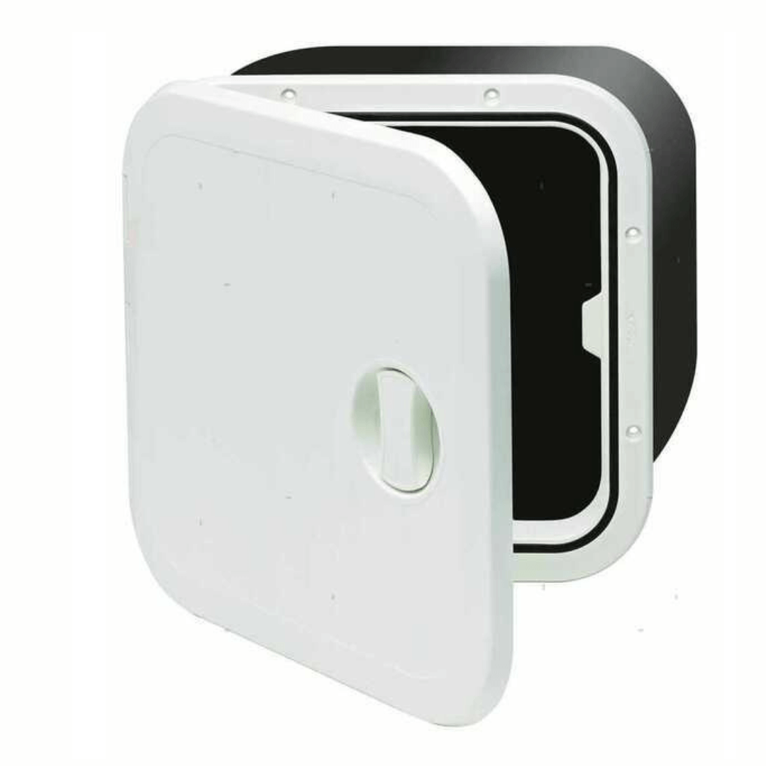 Sportello nautico stagno in ABS bianco con box contenitore profondo e coperchio a doppia apertura.