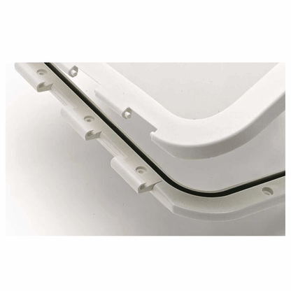 Sportello nautico stagno in ABS bianco con box contenitore profondo e coperchio a doppia apertura.