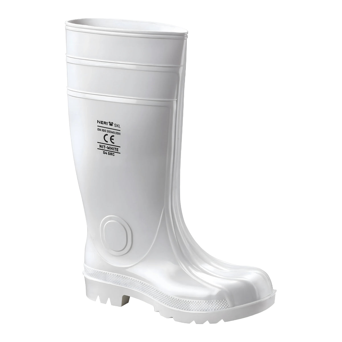Stivali antinfortunistici bianchi S4 in nitrile con puntale acciaio per industria alimentare e pesca.