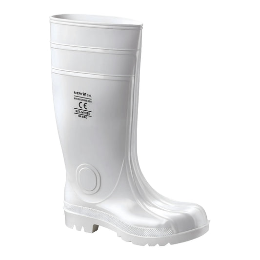 Stivali antinfortunistici bianchi S4 in nitrile con puntale acciaio per industria alimentare e pesca.