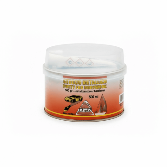Stucco metallico Lasav in barattolo rotondo arancione con coperchio trasparente, 500 ml con catalizzatore