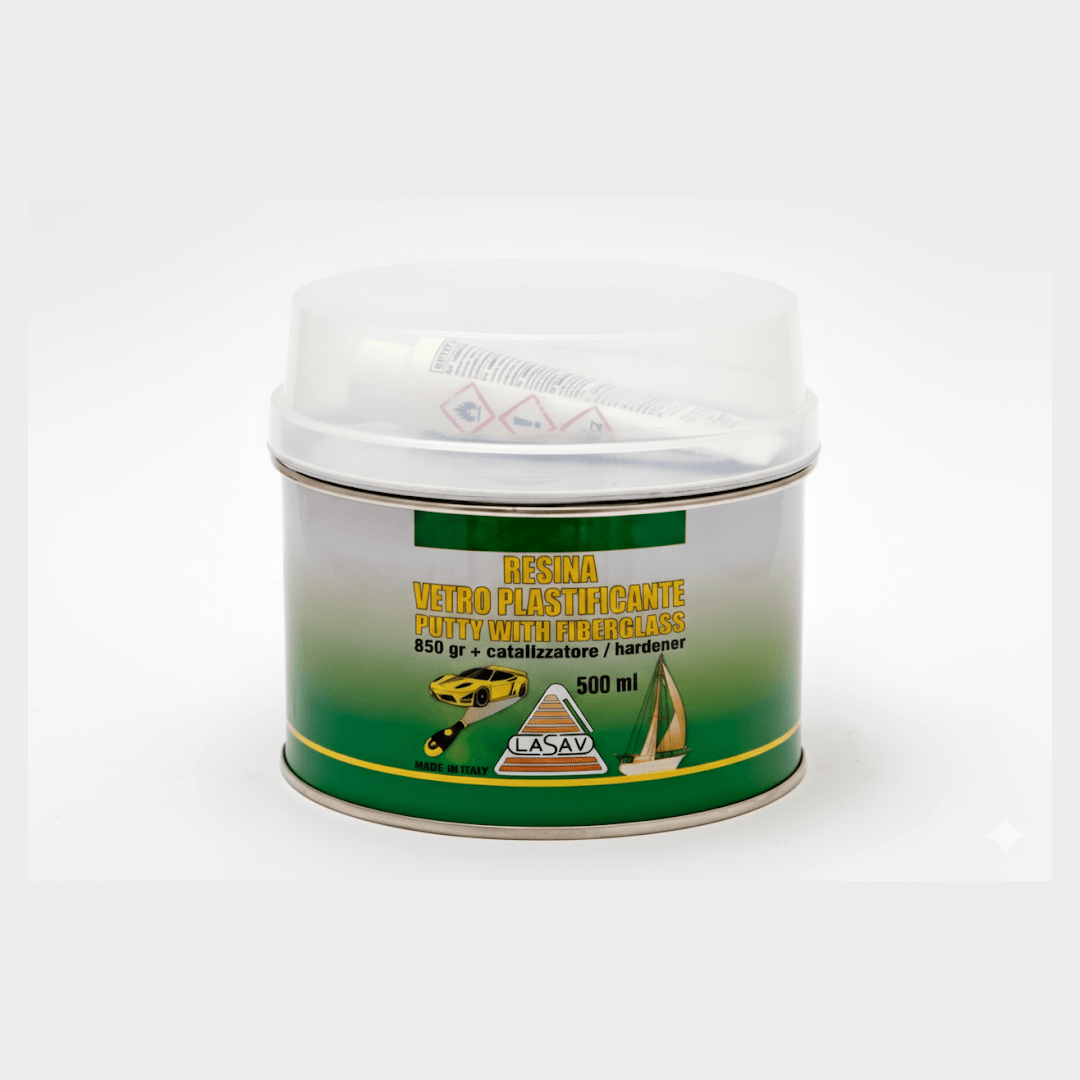Stucco vetroresina Lasav in barattolo metallico verde 500ml con hardener incluso, per riparazioni auto e barca