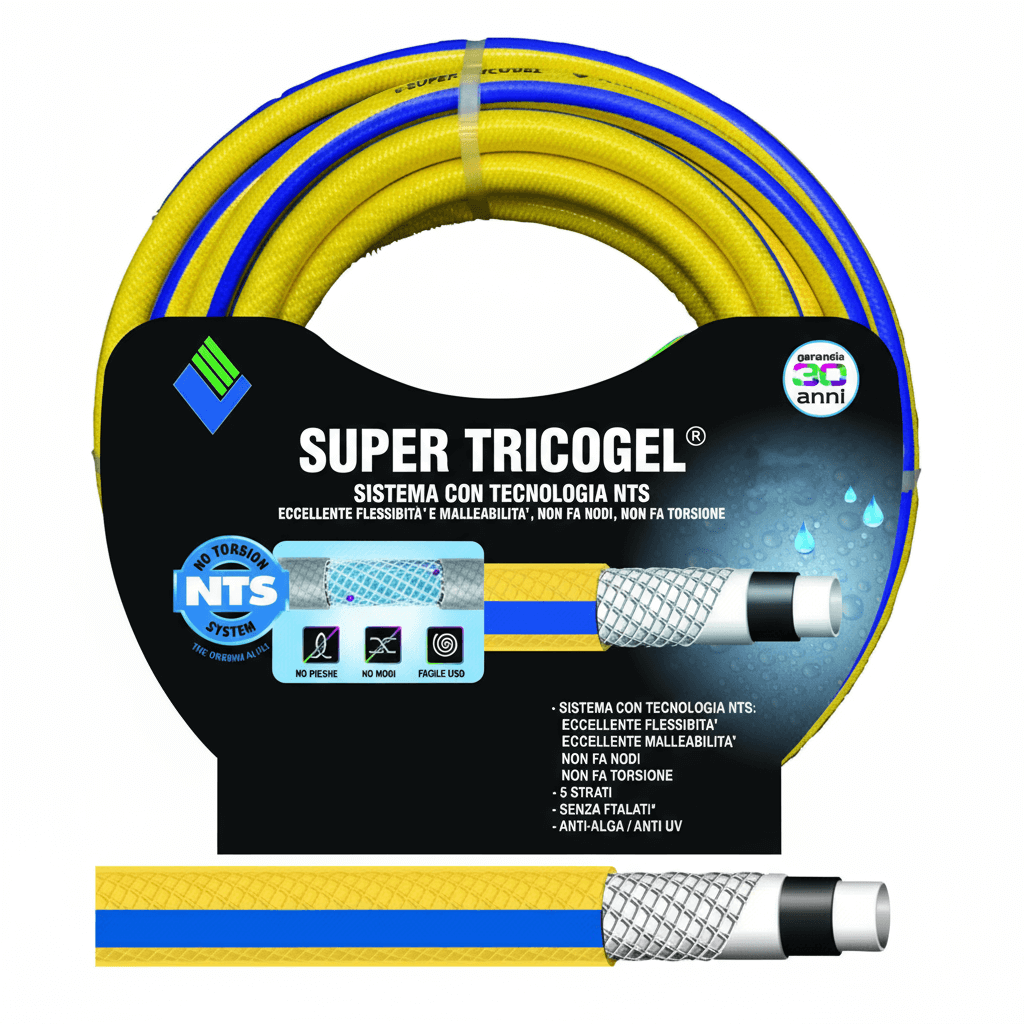 Tubo da giardino Super Tricogel NTS giallo e blu arrotolato, 5 strati, anti-UV, senza ftalati