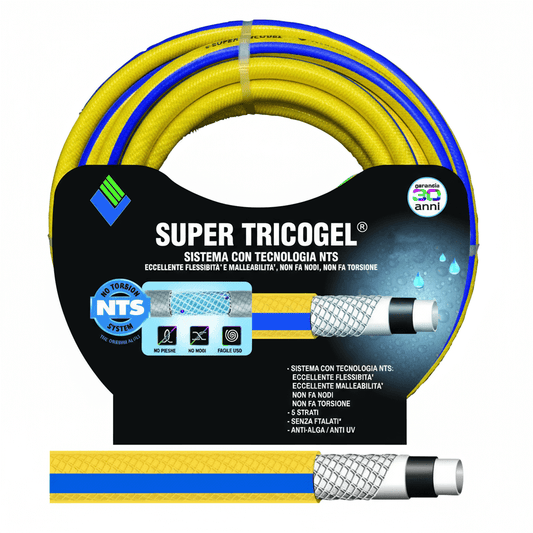 Tubo da giardino Super Tricogel NTS giallo e blu arrotolato, 5 strati, anti-UV, senza ftalati