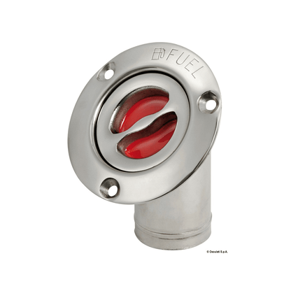 Tappo di imbarco a filo in acciaio inox lucidato a specchio con maniglietta a scomparsa e catenella di sicurezza. gomito carburante