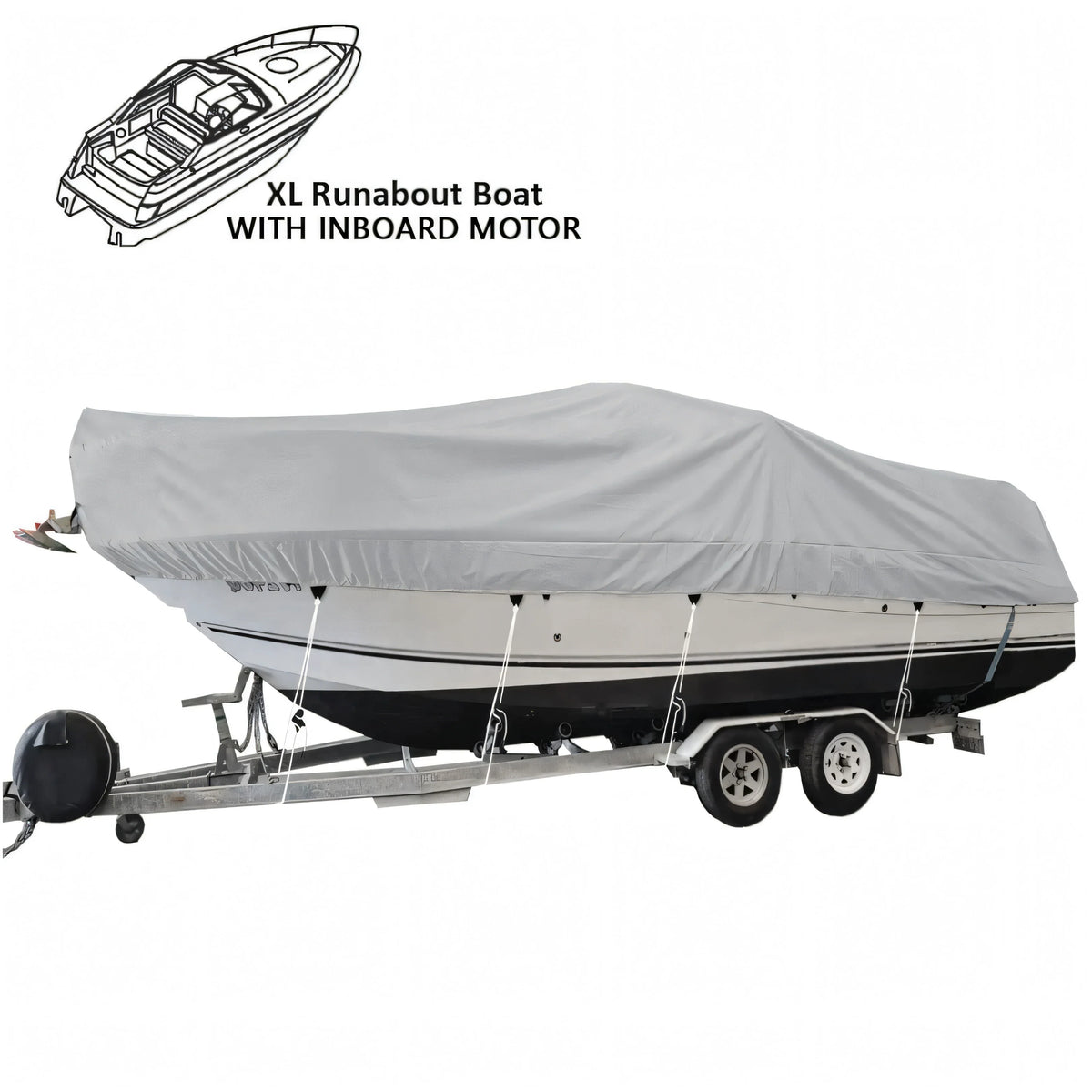 Telo copribarca Oceansouth grigio montato su runabout cabinato con entrobordo, fermo sul carrello