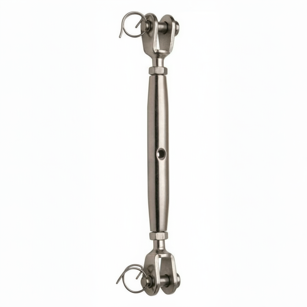 Tenditore professionale per sartiame in acciaio inox AISI 316 con doppia forcella fissa per carichi elevati.