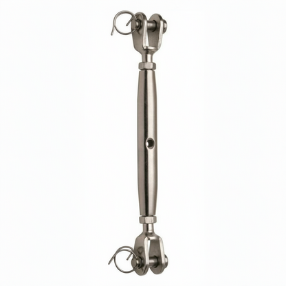 Tenditore professionale per sartiame in acciaio inox AISI 316 con doppia forcella fissa per carichi elevati.