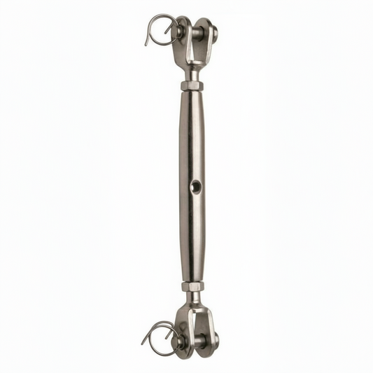 Tenditore professionale per sartiame in acciaio inox AISI 316 con doppia forcella fissa per carichi elevati.