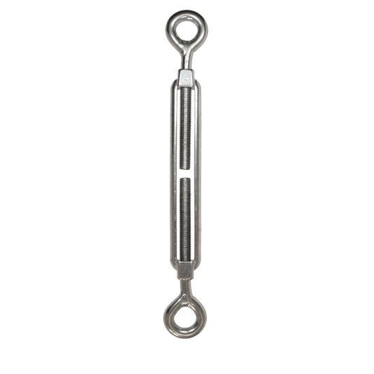 Tenditore professionale a due occhi in acciaio inox AISI 316 per la regolazione della tensione di sartie, draglie e cavi nautici.