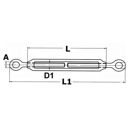 Scheda tecnica tenditore a due occhi in acciaio inox con dimensioni L, L1, D1 e A